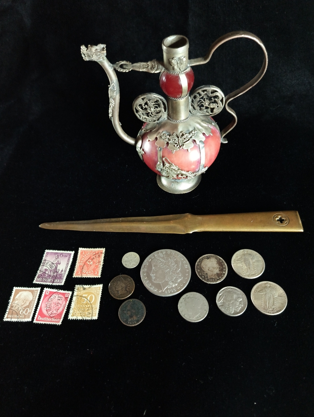 Grandpa's Antique Mixed Lot - Tibetan Teapot - Letter Opener - Coins & Stamps